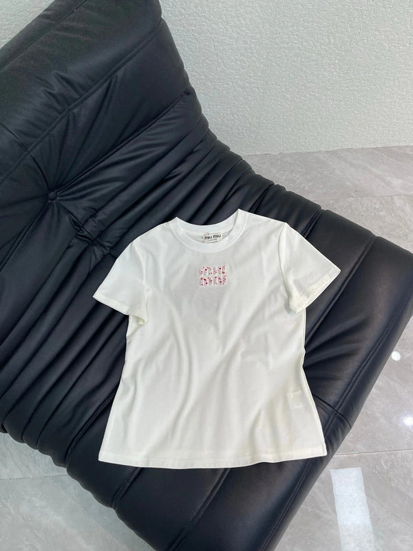 Miumiu 2026 Heart-Embroidered Short-sleeved T-shirt Cotton 345844