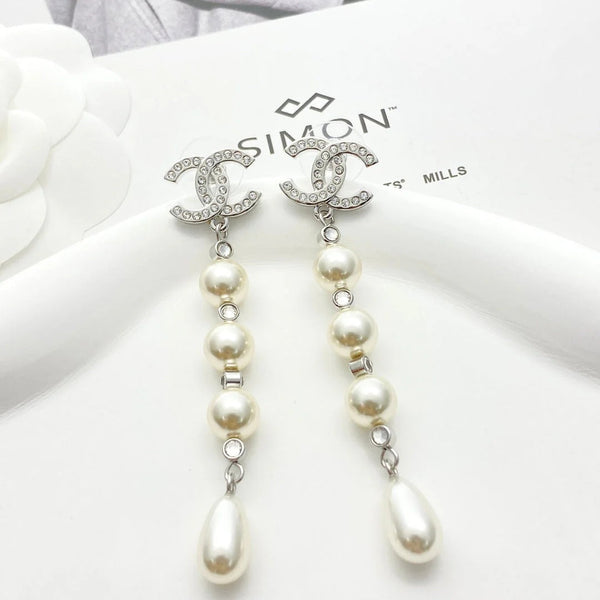 CC Silver Rhinestone Double C Tassel Pearl Earrings