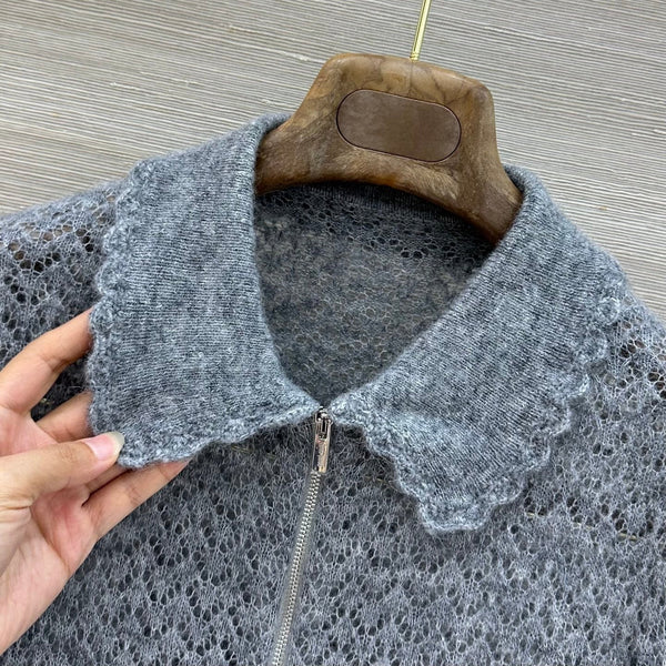 Miu 2026 Lace-trimmed Collared Knit Cardigan Grey Wool 837496