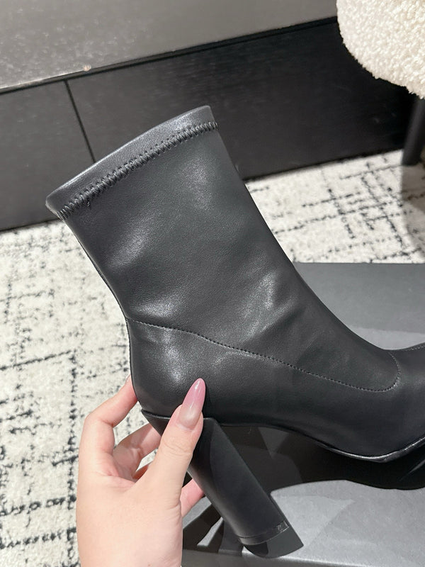 Alaia 2025 Square Toe High Heeled Ankle Boot Black Calfskin 558666