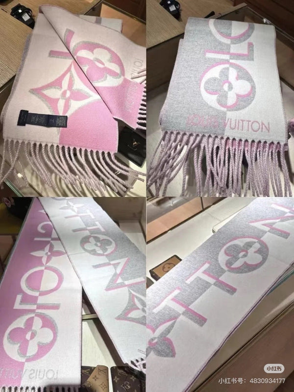 LV 25 Scarf 186cm Beige White Wool 293489