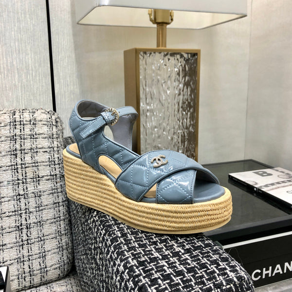 CC 26s Platform Wedge Sandals Denim Blue Quilted Leather 153750