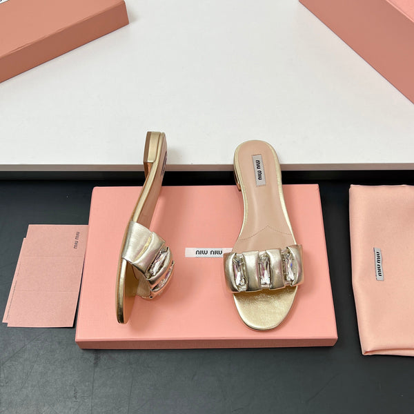 Miu 10mm Slipper with diamonds gold leather 223450
