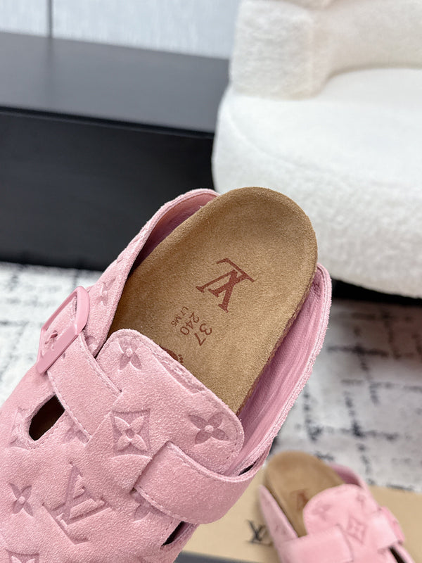 LV Cosy Comfort Mules Pink Brown Monogram Suede 616985