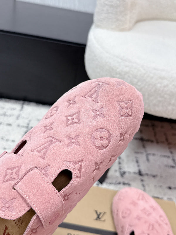 LV Cosy Comfort Mules Pink Brown Monogram Suede 616985
