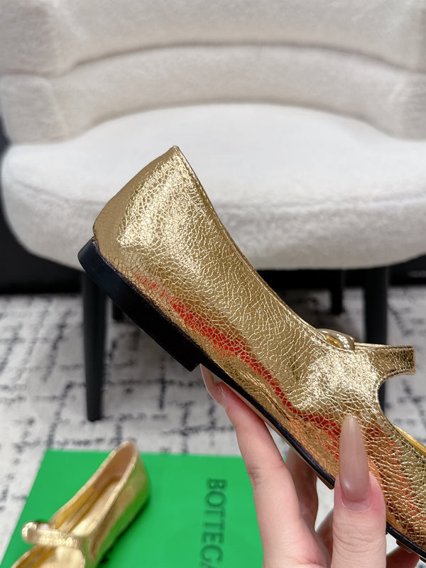 BV Charlotte Mary Jane Flat Gold Metallic Leather 770005