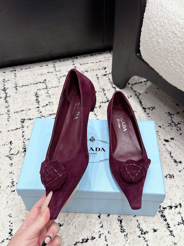 Prad Floral Detail Flats Burgundy Suede 120977