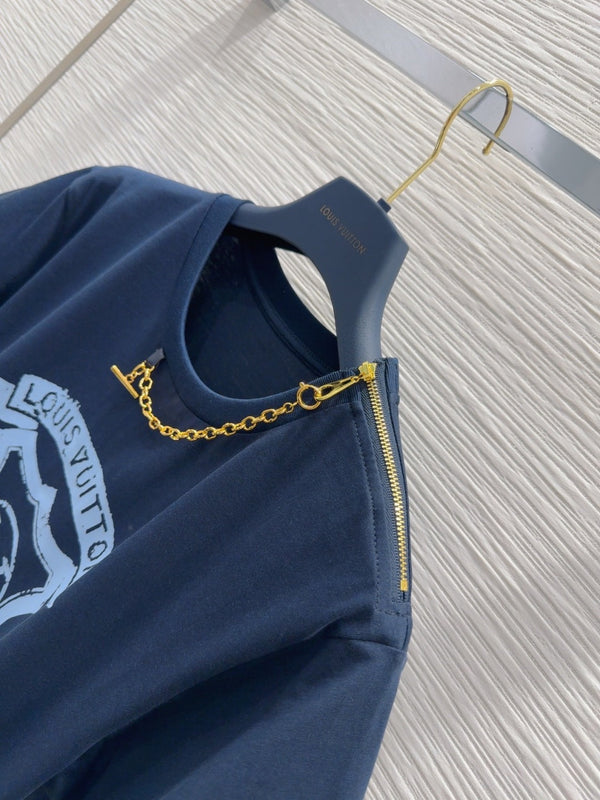 LV 25 Metal Zipper Decoration On The Left Shoulder Dress Blue Cotton