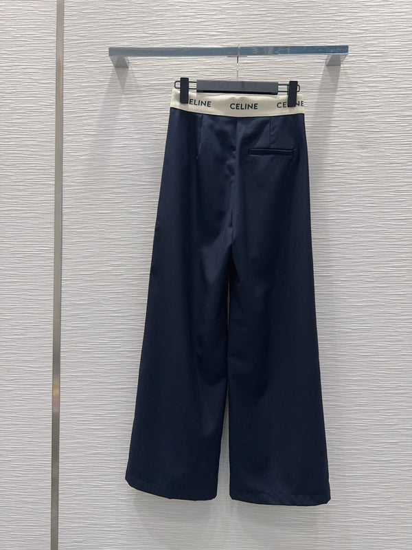Celine 26S Wide-leg Trousers Celine Belt Navy Blue Polyester Viscose 351295