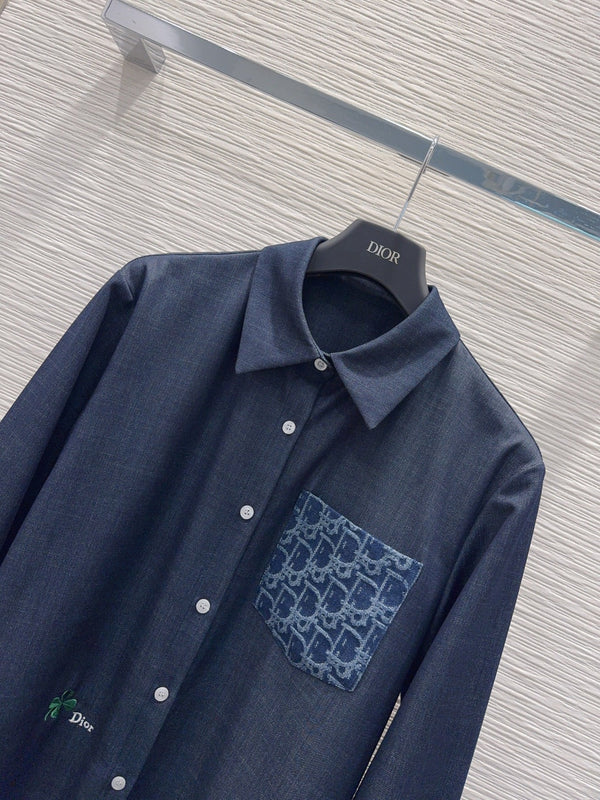 CD Denim Shirt Oblique Patterned Pockets Dark Blue Polyester Viscose 351282
