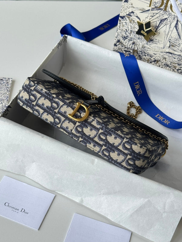 CD S5907CNKO Medium Saddle Pouch with Chain 21.5cm Blue Jacquard Cowhide GHW