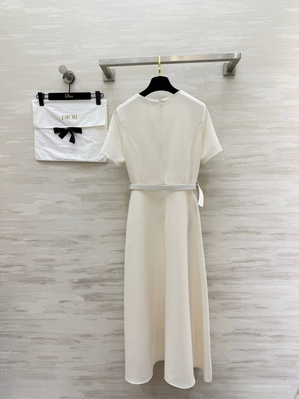 CD 26s Mid-Length Belted Dress White Wool Silk 394159