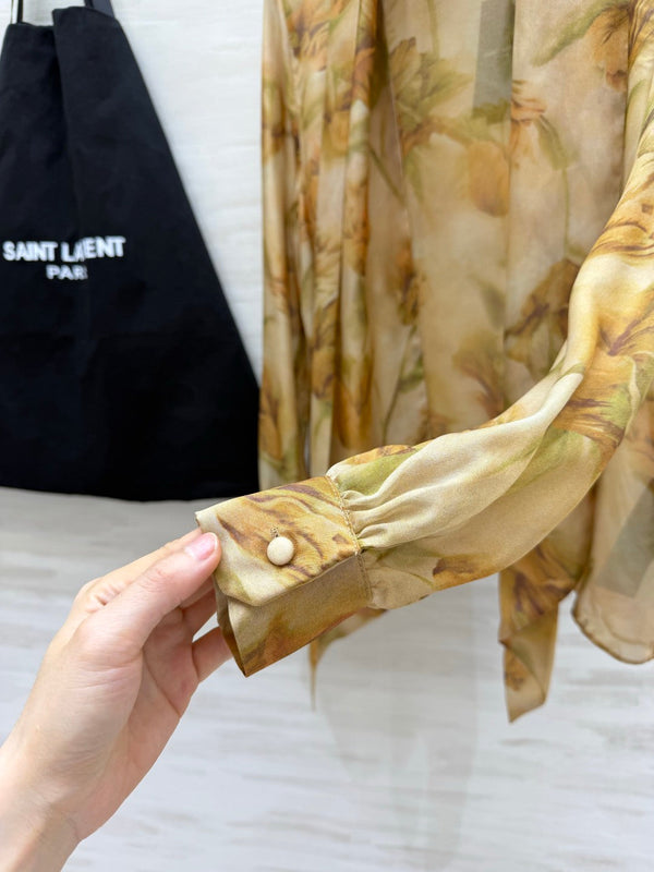 YSL Lavallière Leopard-Print Blouse Beige Silk 397064
