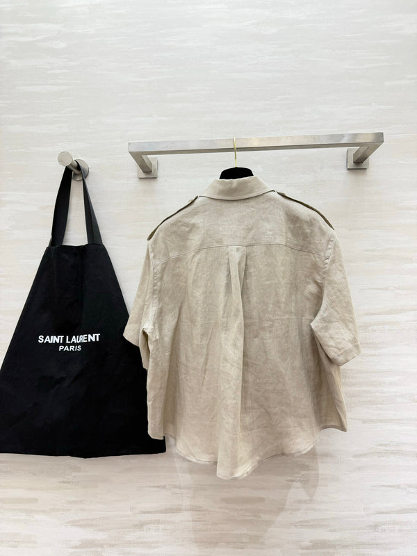YSL 26s Short-Sleeve Shirt Cream Linen 397024