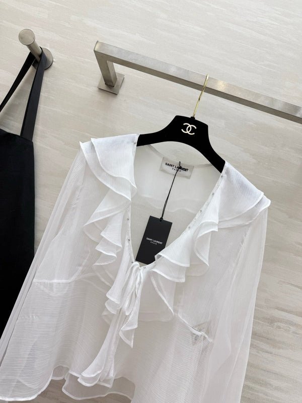 YSL 26s V-neck Ruffle Top White Mesh 396986