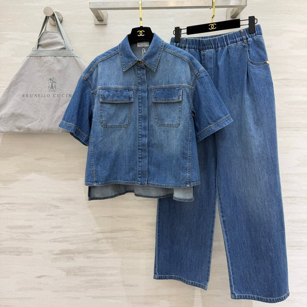 Brunello Cucinelli Set Short Long Pants Washed Denim 396974