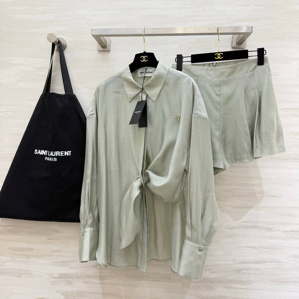 YSL 26s Long-Sleeved Silk Shirt Set Grey 398904