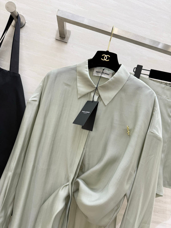 YSL 26s Long-Sleeved Silk Shirt Set Grey 398904