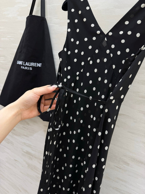 YSL 26s V-Neck Maxi Dress Black White Silk 398891