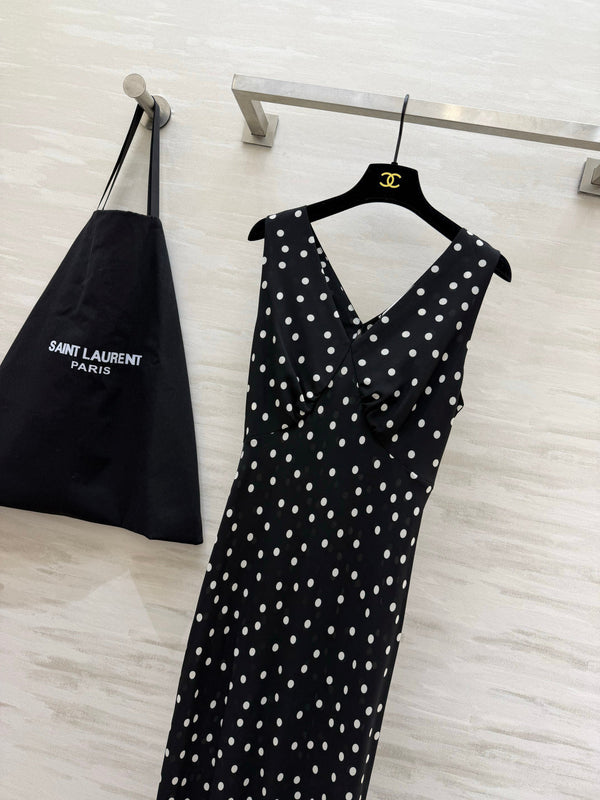 YSL 26s V-Neck Maxi Dress Black White Silk 398891