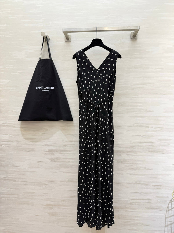 YSL 26s V-Neck Maxi Dress Black White Silk 398891