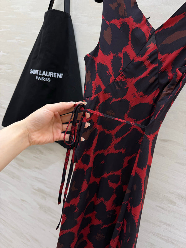 YSL 26s V-Neck Maxi Dress Black Red Silk 398892