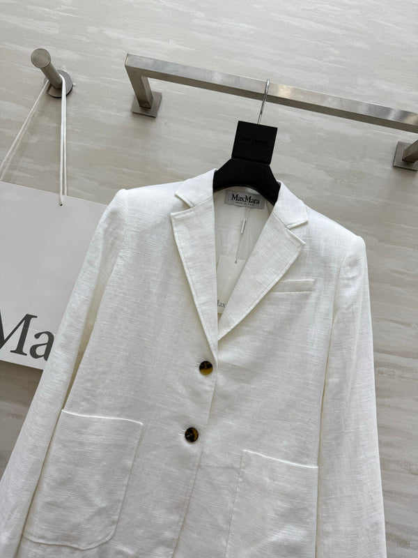 Max Mar Single-Breasted Blazer White Linen 398828