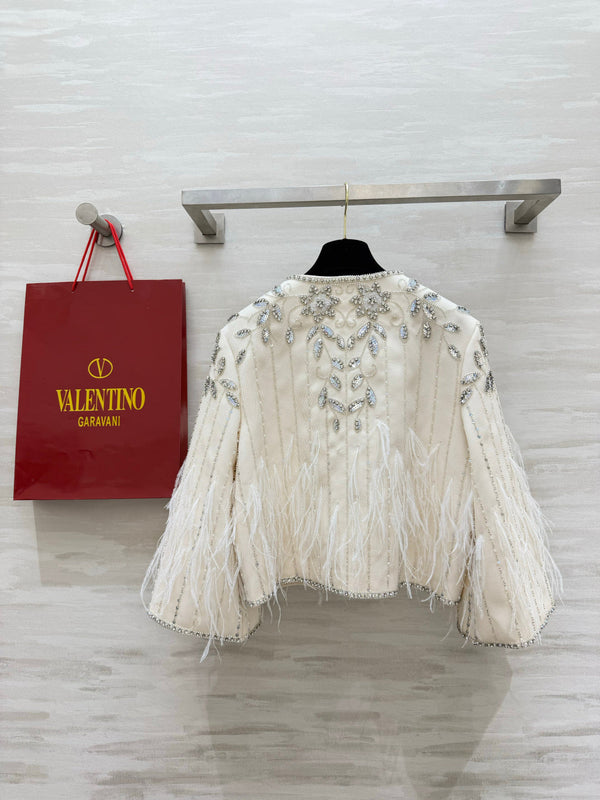 VLTN 26S White Crystal Embellished Feather Tweed Jacket 428162