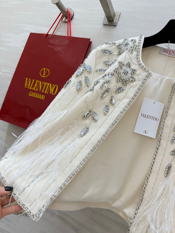 VLTN 26S White Crystal Embellished Feather Tweed Jacket 428162