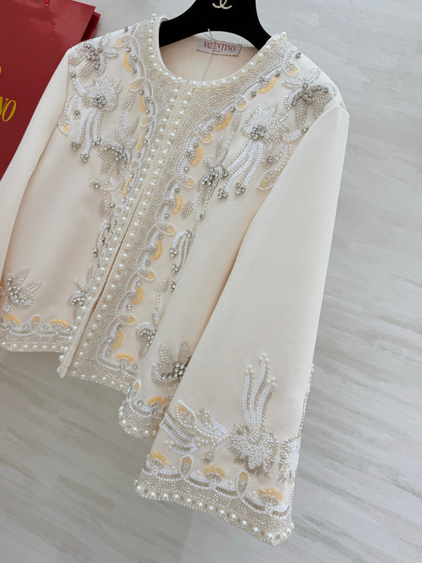 VLTN 26S White Pearl Crystal Embroidered Jacket 428158