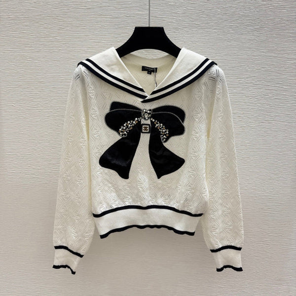 CC 2026 Bow Beaded Sailor Collar Knit Long Sleeve White Black Wool 913499
