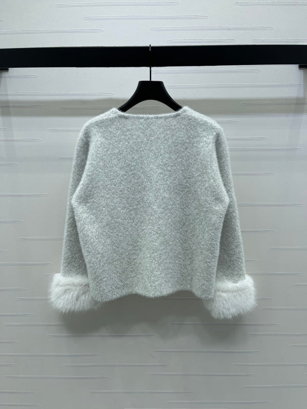 Chanel 2025 Fur-sleeved Crew Neck Cardigan Light Gray Polyester Wool 319594