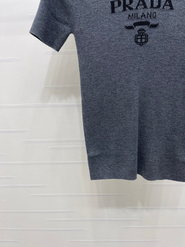 Prada Round Neck Knit Short-Sleeve Top Slate Gray Wool 351042