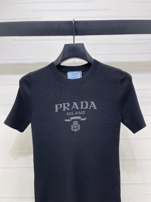 Prada Round Neck Knit Short-Sleeve Top Black Wool 351041