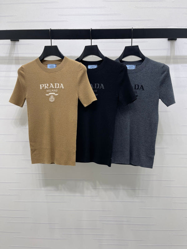 Prada Round Neck Knit Short-Sleeve Top Camel Wool 351040