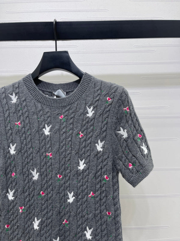 CD SS26 Embroidered Cable-Knit Sweater Bird Rose Grey Cashmere 351088