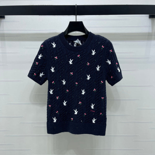CD SS26 Embroidered Cable-Knit Sweater Bird Rose Navy Blue Cashmere 351087