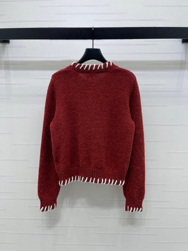 CC 26s Crochet-Trimmed Crew Neck Cardigan Red Knit 343631