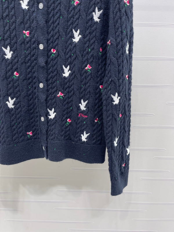 CD SS26 Crew Neck Embroidered Knit Cardigan Navy Blue Cashmere 351073