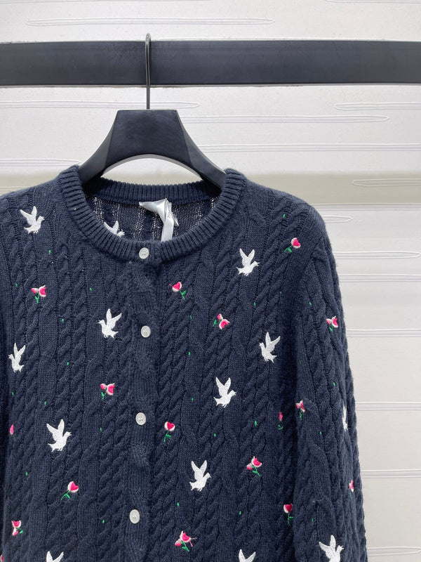 CD SS26 Crew Neck Embroidered Knit Cardigan Navy Blue Cashmere 351073