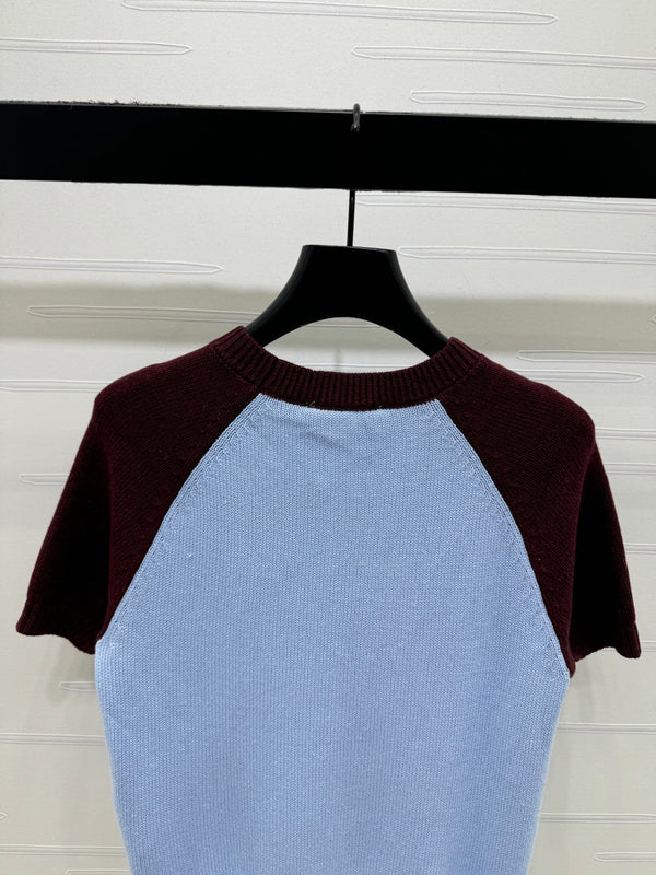 CC Short Sleeve Knitted Sweater Light Blue Burgundy Cashmere Wool 351024
