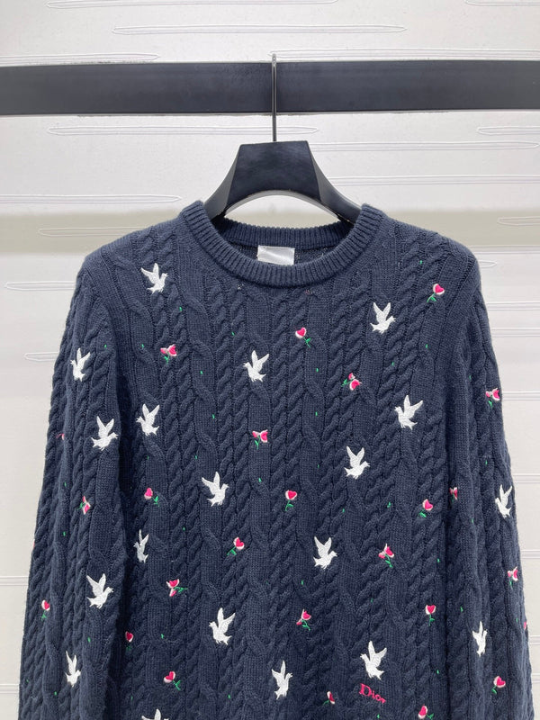 CD SS26 Dioramour Embroidered Cable-Knit Sweater Navy Blue Cashmere 351078