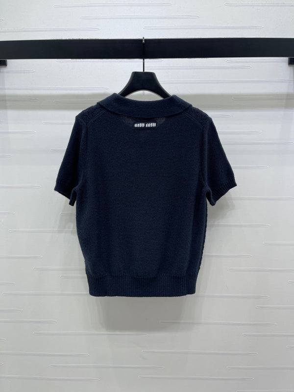 Miu Polo Half-Open Short-Sleeved Top Navy Blue Knit 343436