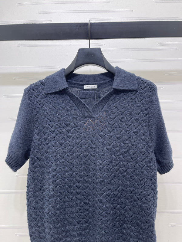 Miu Polo Half-Open Short-Sleeved Top Navy Blue Knit 343436