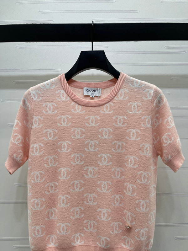 CC 26sJacquard Knit Short-Sleeved Cardigan Pink Wool 344125