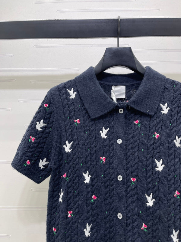 CD SS26 Embroidered Knit Polo Shirt Bird Rose Navy Blue Cashmere 351083