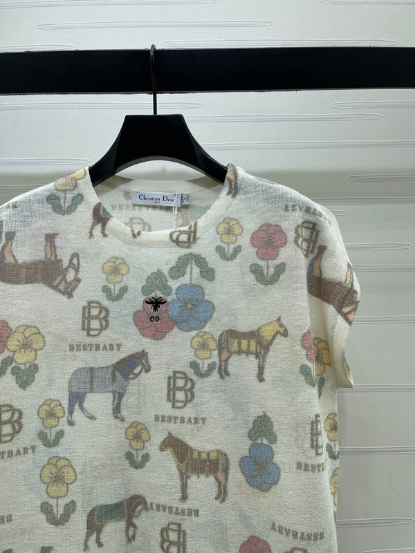 CD Short-Sleeved Top Floral Animal Pattern Cream Cotton 380762