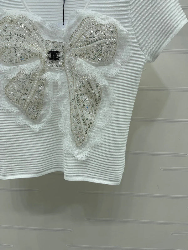 CC 2026 Lace Sequin Bow Knit Short-Sleeve T-Shirt Viscose 390731