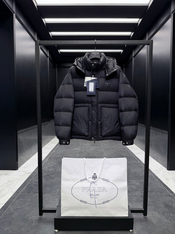 Prada 2025 Quilted Hooded Jacket Black Nylon Down