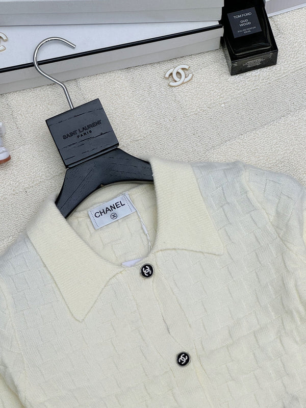 Chanel 2025 Polo Neck High-Waisted Short Knit Cardigan White Wool